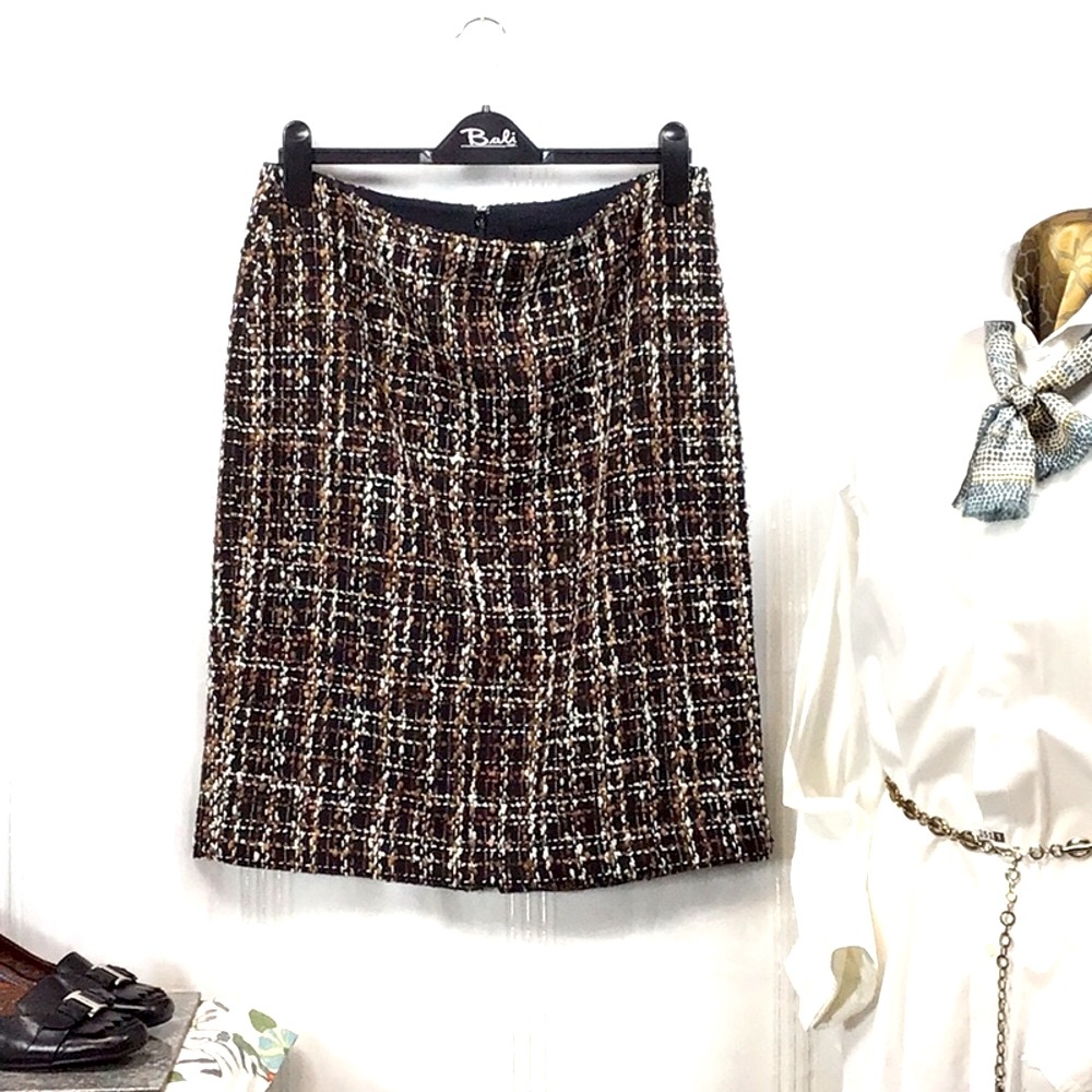 🍂TALBOTS Black Brown Cream Gold Tweed Lined Back Zip Knee Length Sz.12 - Picture 3 of 9
